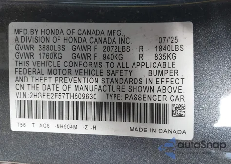 2026 Honda Civic Sport z USA, uszkodzony, nr VIN 2HGFE2F57TH509630